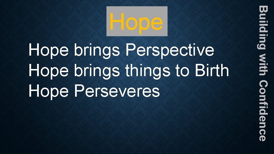 Hope brings Perspective Hope brings things to Birth Hope Perseveres Building with Confidence Hope