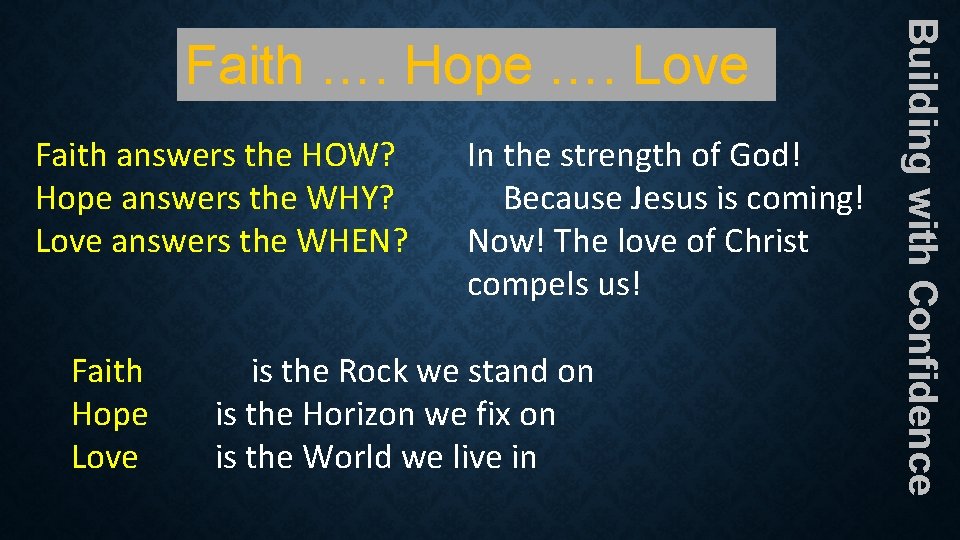 Faith answers the HOW? Hope answers the WHY? Love answers the WHEN? Faith Hope