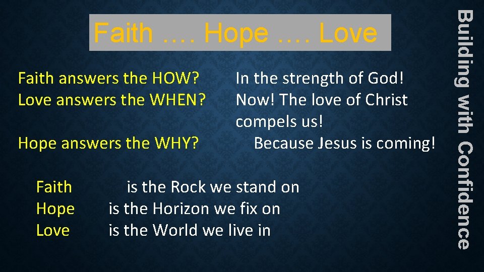 Faith answers the HOW? Love answers the WHEN? Hope answers the WHY? Faith Hope