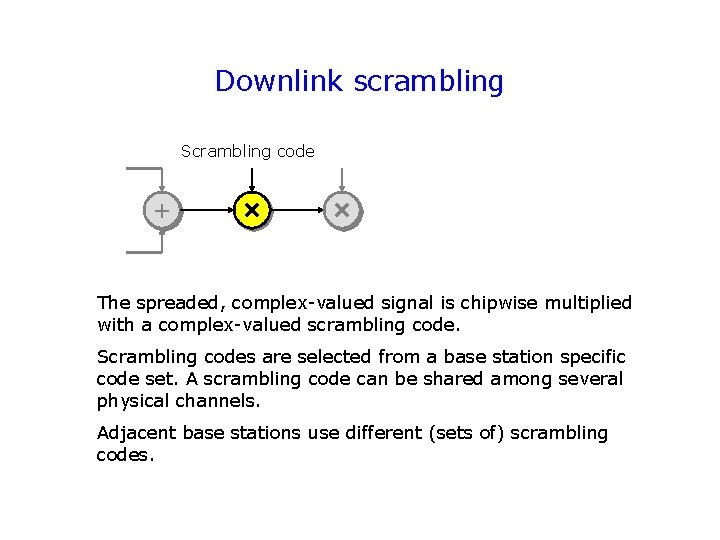Downlink scrambling Scrambling code + The spreaded, complex-valued signal is chipwise multiplied with a