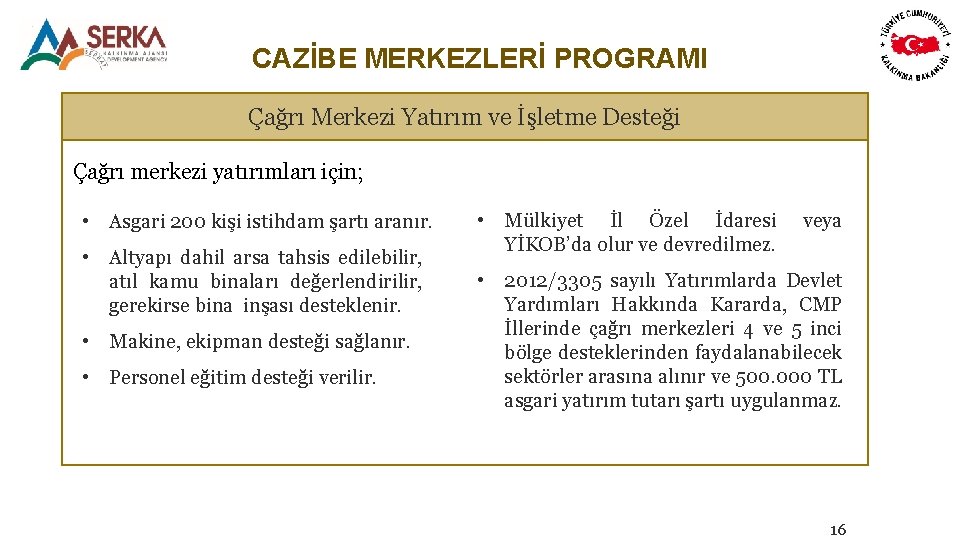 CAZİBE MERKEZLERİ PROGRAMI Çağrı Merkezi Yatırım ve İşletme Desteği Çağrı merkezi yatırımları için; •