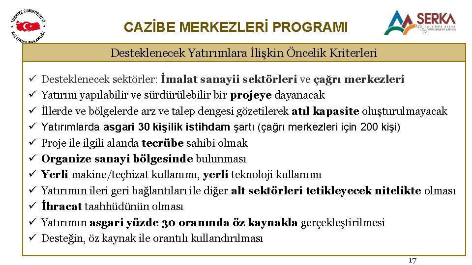 CAZİBE MERKEZLERİ PROGRAMI Desteklenecek Yatırımlara İlişkin Öncelik Kriterleri ü ü ü Desteklenecek sektörler: İmalat