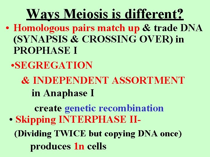 Ways Meiosis is different? • Homologous pairs match up & trade DNA (SYNAPSIS &