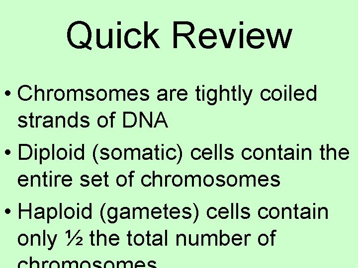 Quick Review • Chromsomes are tightly coiled strands of DNA • Diploid (somatic) cells
