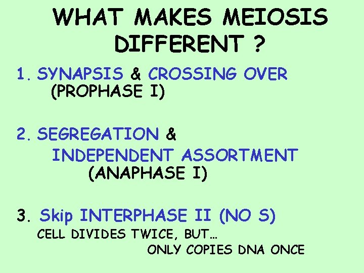 WHAT MAKES MEIOSIS DIFFERENT ? 1. SYNAPSIS & CROSSING OVER (PROPHASE I) 2. SEGREGATION