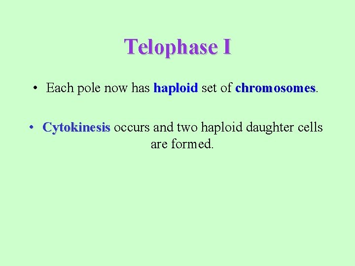 Telophase I • Each pole now has haploid set of chromosomes • Cytokinesis occurs