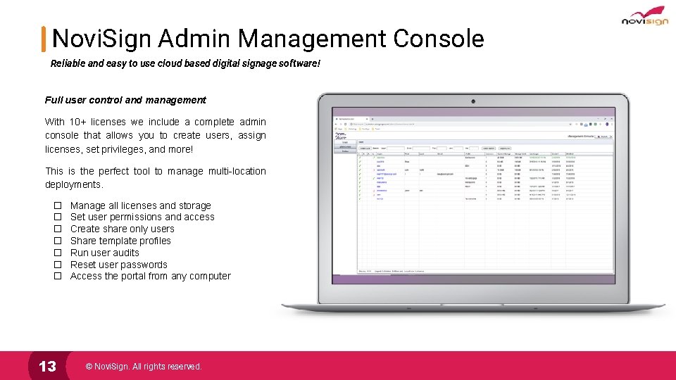 Novi. Sign Admin Management Console Reliable and easy to use cloud based digital signage