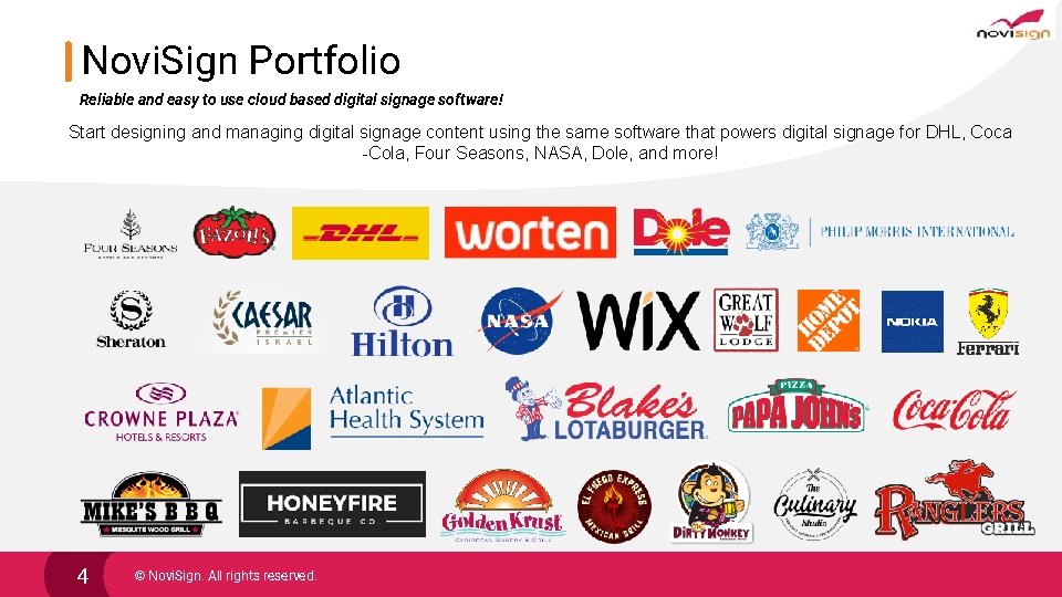 Novi. Sign Portfolio Reliable and easy to use cloud based digital signage software! Start