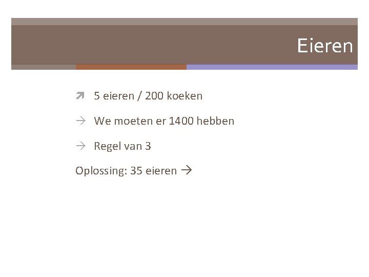 Eieren 5 eieren / 200 koeken We moeten er 1400 hebben Regel van 3