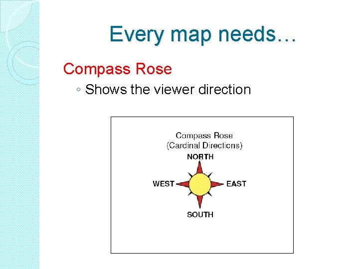 Every map needs… Compass Rose ◦ Shows the viewer direction  Every map needs… Compass Rose ◦ Shows the viewer direction