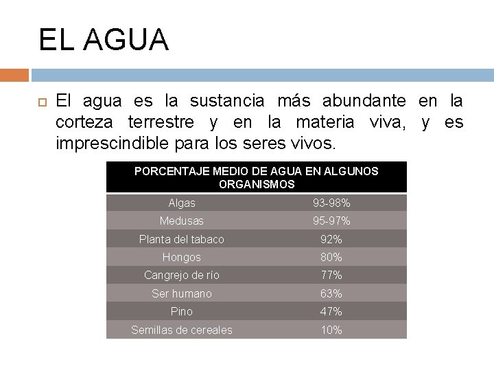 EL AGUA El agua es la sustancia más abundante en la corteza terrestre y