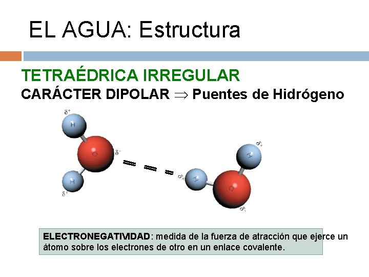 EL AGUA: Estructura TETRAÉDRICA IRREGULAR CARÁCTER DIPOLAR Puentes de Hidrógeno ELECTRONEGATIVIDAD: medida de la