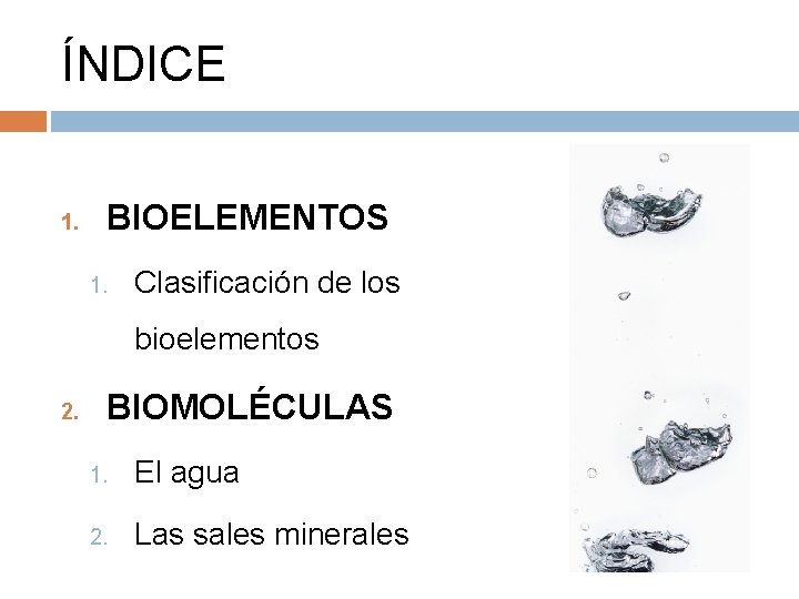 ÍNDICE 1. BIOELEMENTOS 1. Clasificación de los bioelementos 2. BIOMOLÉCULAS 1. El agua 2.