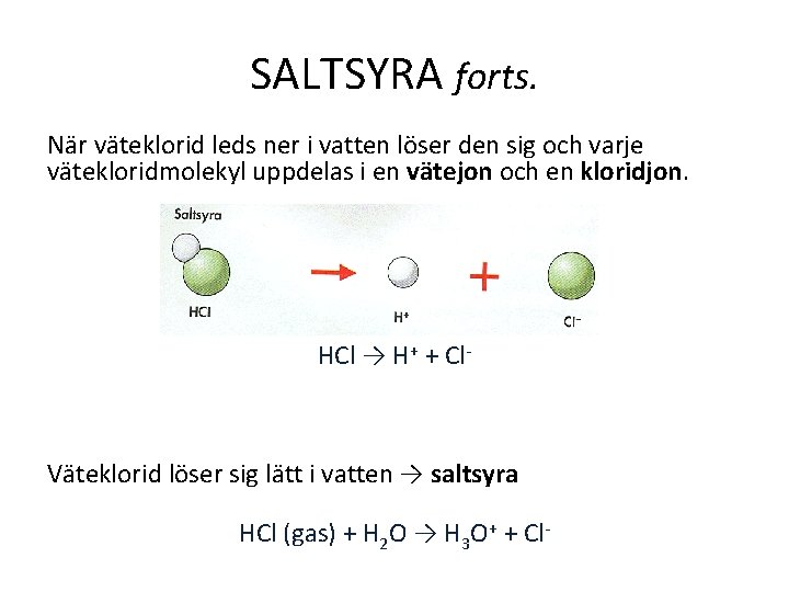 SALTSYRA forts. När väteklorid leds ner i vatten löser den sig och varje vätekloridmolekyl