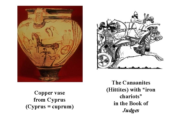 Copper vase from Cyprus (Cyprus = cuprum) The Canaanites (Hittites) with “iron chariots” in