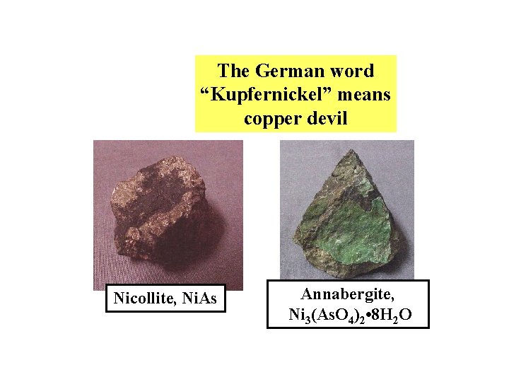 The German word “Kupfernickel” means copper devil Nicollite, Ni. As Annabergite, Ni 3(As. O