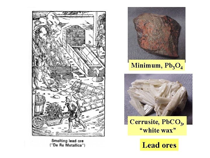 Minimum, Pb 3 O 4 Cerrusite, Pb. CO 3, “white wax” Lead ores 