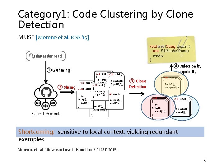 Category 1: Code Clustering by Clone Detection MUSE [Moreno et al. ICSE’ 15] void