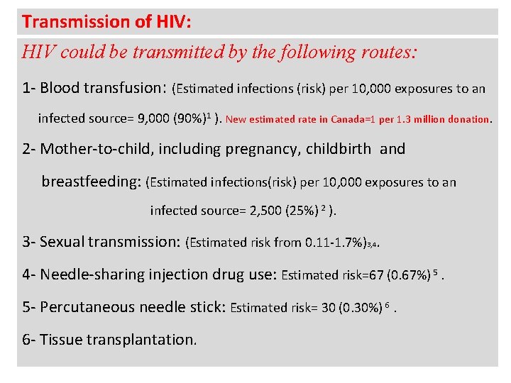 Transmission of HIV: HIV could be transmitted by the following routes: 1 - Blood