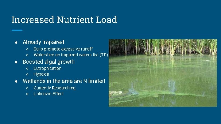 Increased Nutrient Load ● Already Impaired ○ ○ Soils promote excessive runoff Watershed on