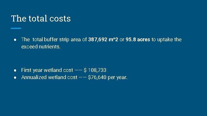 The total costs ● The total buffer strip area of 387, 692 m^2 or