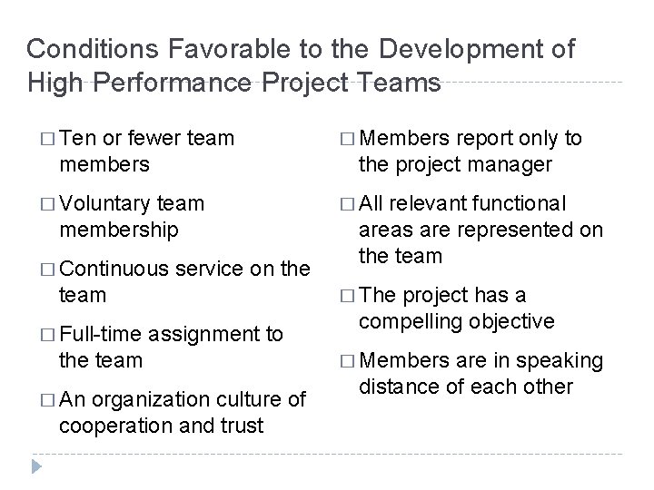 Conditions Favorable to the Development of High Performance Project Teams � Ten or fewer