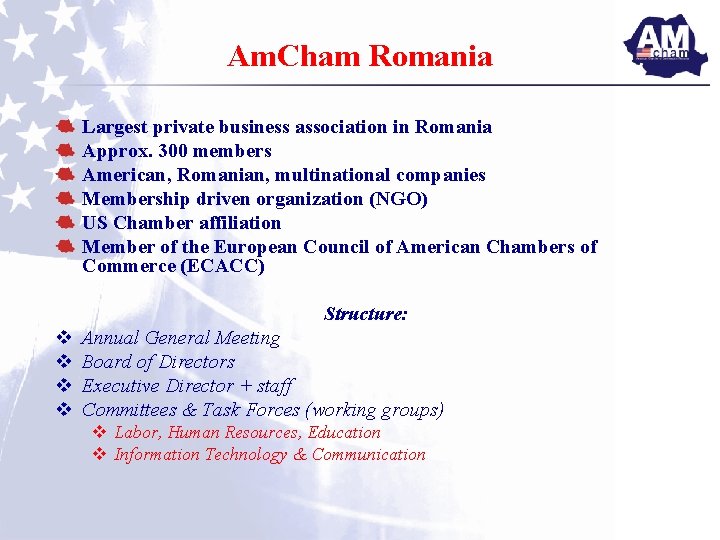 Am. Cham Romania Largest private business association in Romania Approx. 300 members American, Romanian,