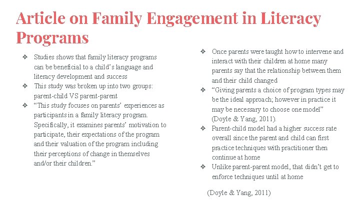 Article on Family Engagement in Literacy Programs ❖ Studies shows that family literacy programs