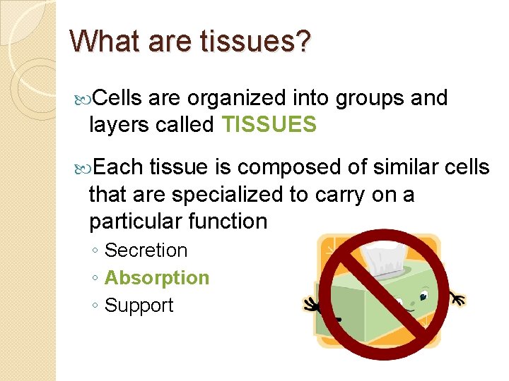 What are tissues? Cells are organized into groups and layers called TISSUES Each tissue
