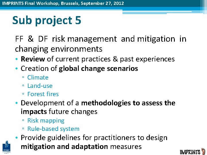 IMPRINTS Final Workshop, Brussels, September 27, 2012 Sub project 5 FF & DF risk