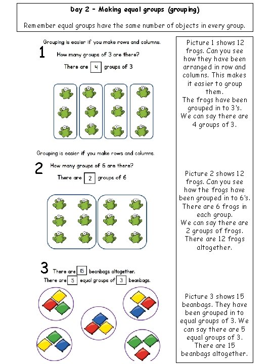 Day 2 – Making equal groups (grouping) Remember equal groups have the same number