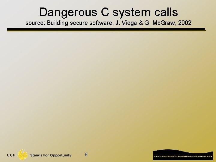 Dangerous C system calls source: Building secure software, J. Viega & G. Mc. Graw,