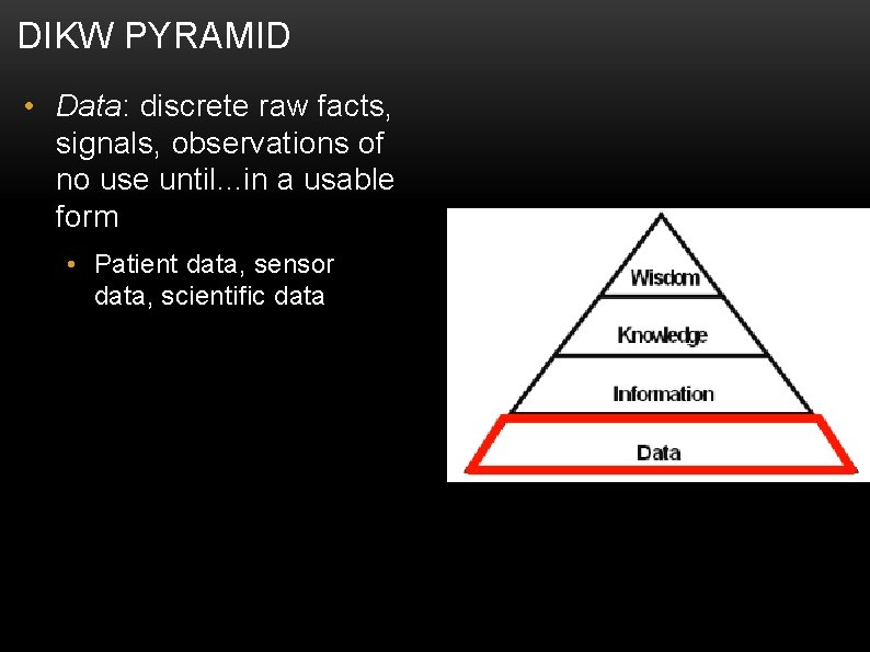 DIKW PYRAMID • Data: discrete raw facts, signals, observations of no use until. .