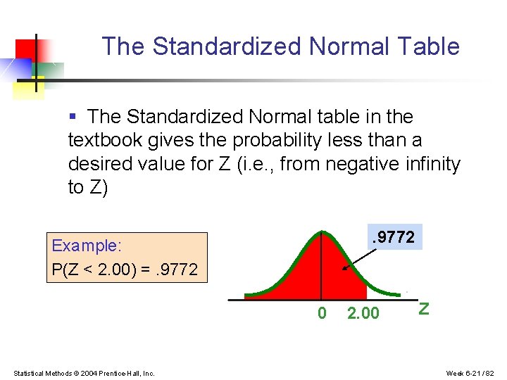The Standardized Normal Table § The Standardized Normal table in the textbook gives the