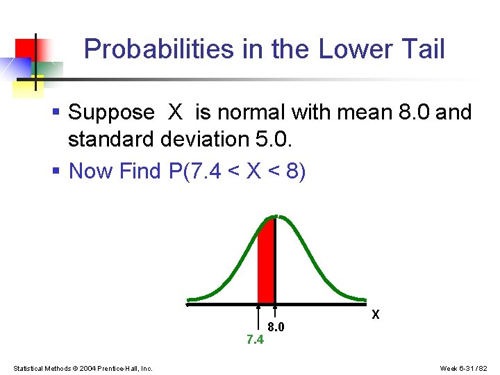 Probabilities in the Lower Tail § Suppose X is normal with mean 8. 0