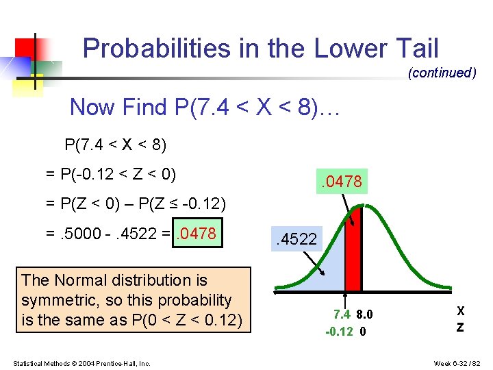 Probabilities in the Lower Tail (continued) Now Find P(7. 4 < X < 8)…