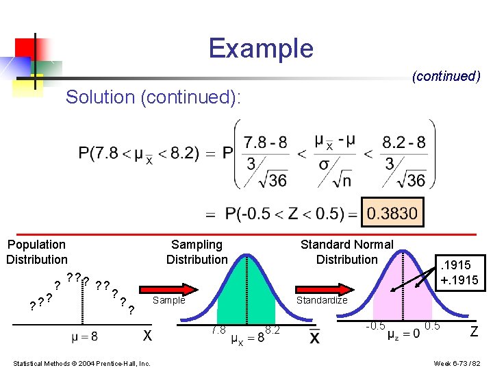 Example (continued) Solution (continued): Population Distribution ? ? ? Sampling Distribution Standard Normal Distribution