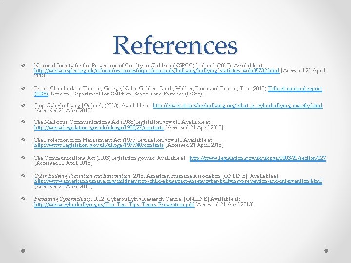 References v National Society for the Prevention of Cruelty to Children (NSPCC) [online]. (2013).