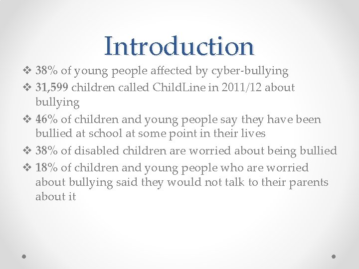 Introduction v 38% of young people affected by cyber-bullying v 31, 599 children called