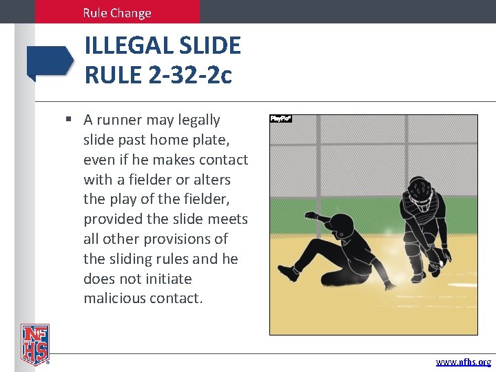 Rule Change ILLEGAL SLIDE RULE 2 -32 -2 c A runner may legally slide