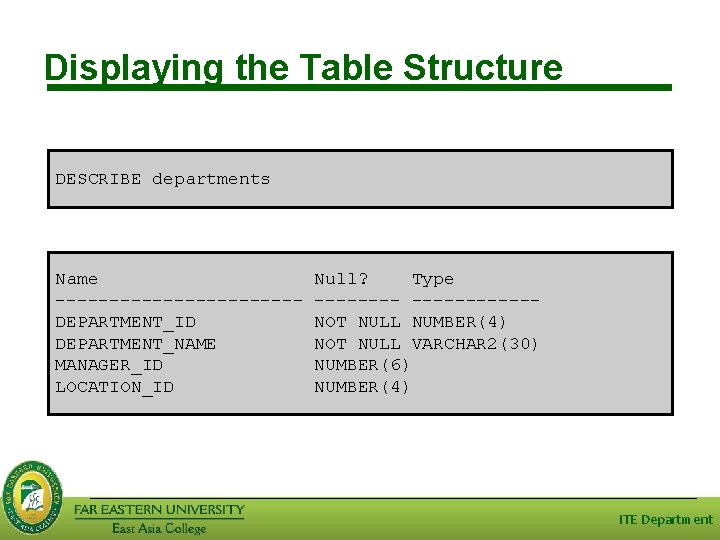 Displaying the Table Structure DESCRIBE departments Name -----------DEPARTMENT_ID DEPARTMENT_NAME MANAGER_ID LOCATION_ID Null? Type -----------NOT Displaying the Table Structure DESCRIBE departments Name -----------DEPARTMENT_ID DEPARTMENT_NAME MANAGER_ID LOCATION_ID Null? Type -----------NOT