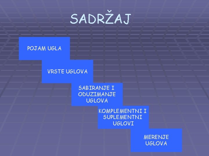 SADRŽAJ POJAM UGLA VRSTE UGLOVA SABIRANJE I ODUZIMANJE UGLOVA KOMPLEMENTNI I SUPLEMENTNI UGLOVI MERENJE
