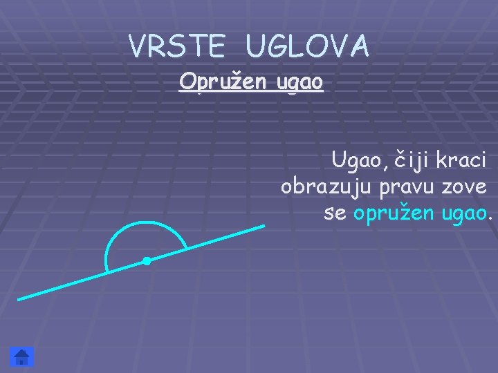 VRSTE UGLOVA Opružen ugao Ugao, čiji kraci obrazuju pravu zove se opružen ugao. 