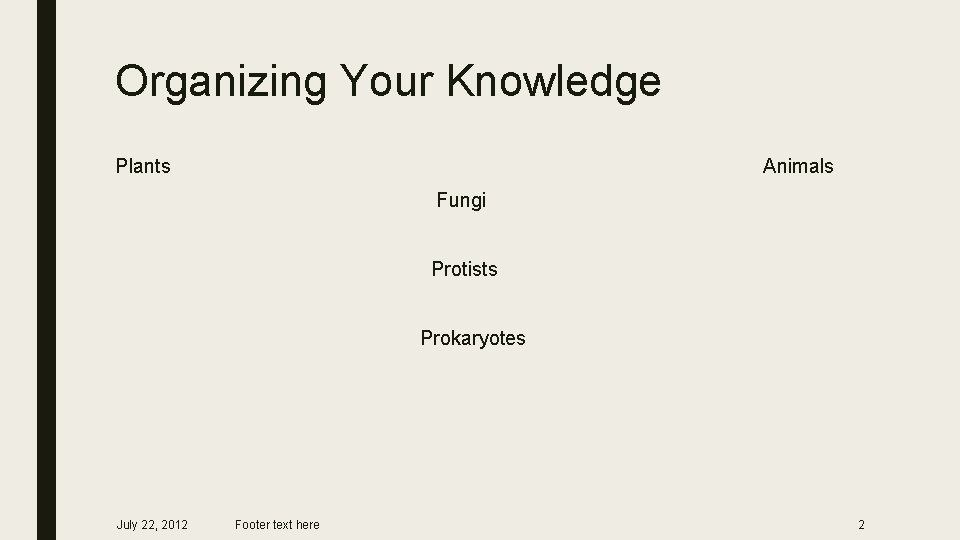 Organizing Your Knowledge Plants Animals Fungi Protists Prokaryotes July 22, 2012 Footer text here