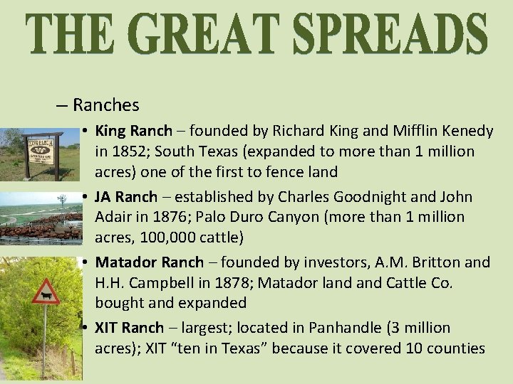 – Ranches • King Ranch – founded by Richard King and Mifflin Kenedy in