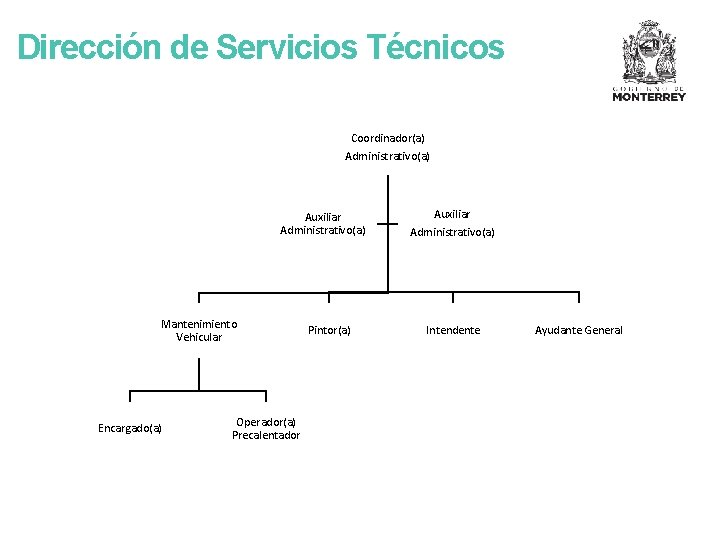 Dirección de Servicios Técnicos Coordinador(a) Administrativo(a) Auxiliar Administrativo(a) Mantenimiento Vehicular Encargado(a) Operador(a) Precalentador Pintor(a)