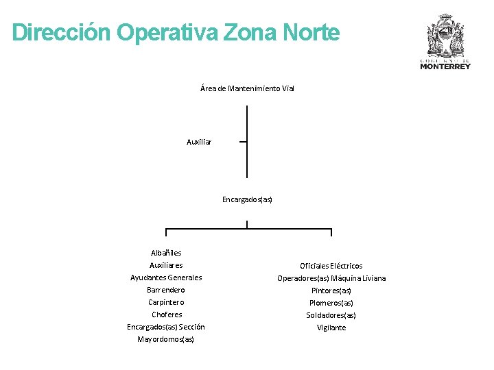 Dirección Operativa Zona Norte Área de Mantenimiento Vial Auxiliar Encargados(as) Albañiles Auxiliares Ayudantes Generales