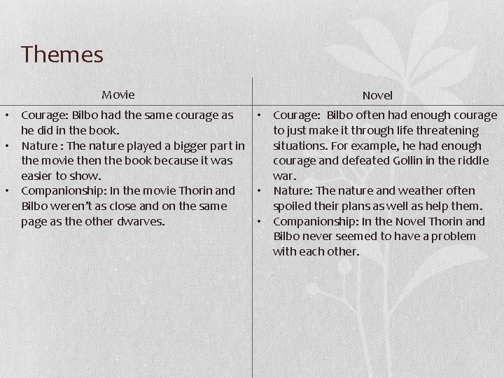 Themes Movie Novel • Courage: Bilbo had the same courage as • Courage: Bilbo