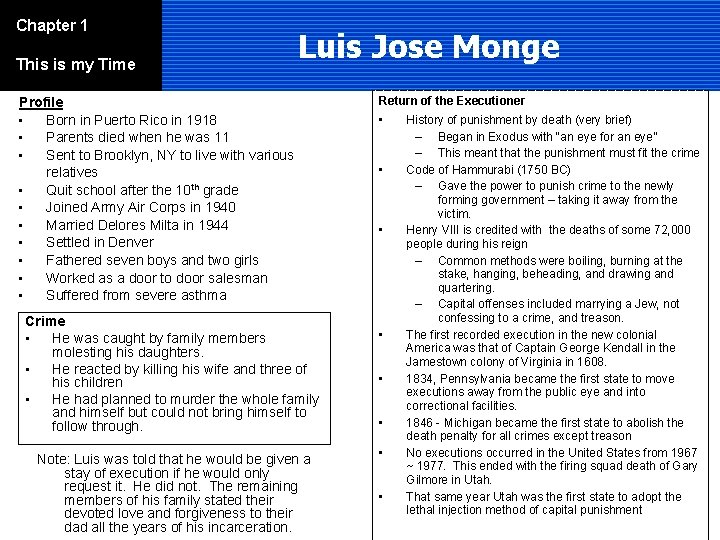 Chapter 1 This is my Time Luis Jose Monge Profile • Born in Puerto
