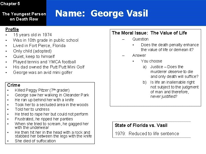 Chapter 5 The Youngest Person on Death Row Name: George Vasil Profile • 15